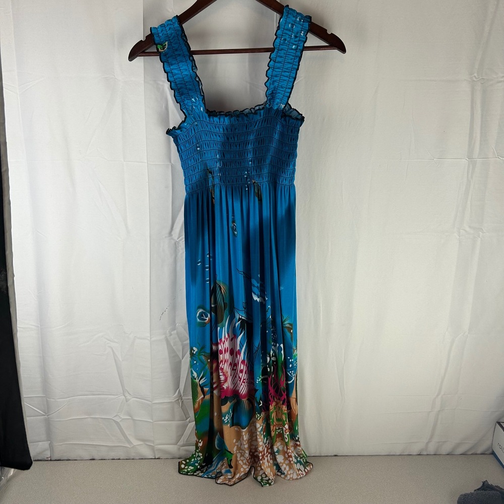 FC Tropical Fish‎ Ocean Print Smocked Maxi Dress Blue Ruffle Strap S-M Long